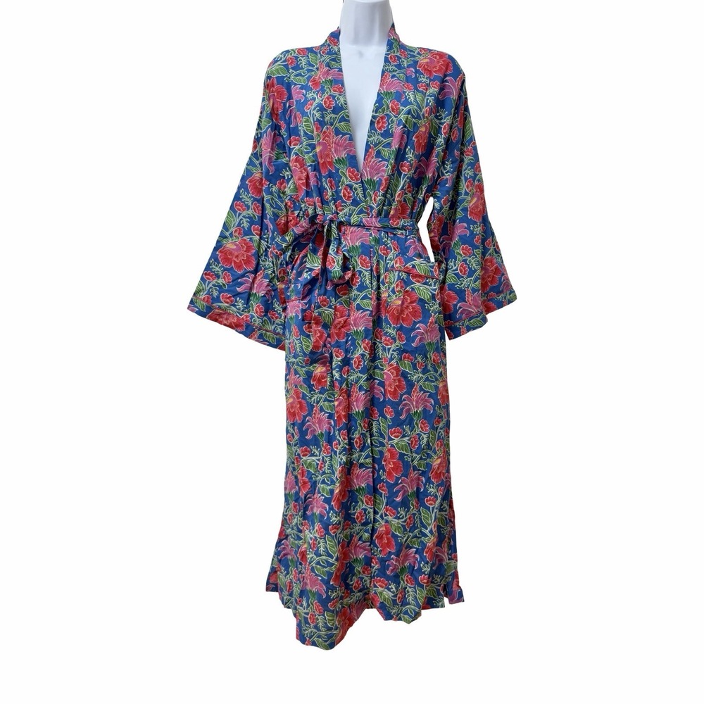 Mahogany Womens Clarence Floral Block Print Long Robe Size S Indigo Lounge NEW